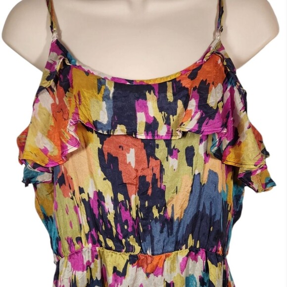 GLAM Silk Dress Short Sleeveless Ruffle Flowy Babydoll Tie Dye Pink Blue‎ Gold M - Picture 2 of 10